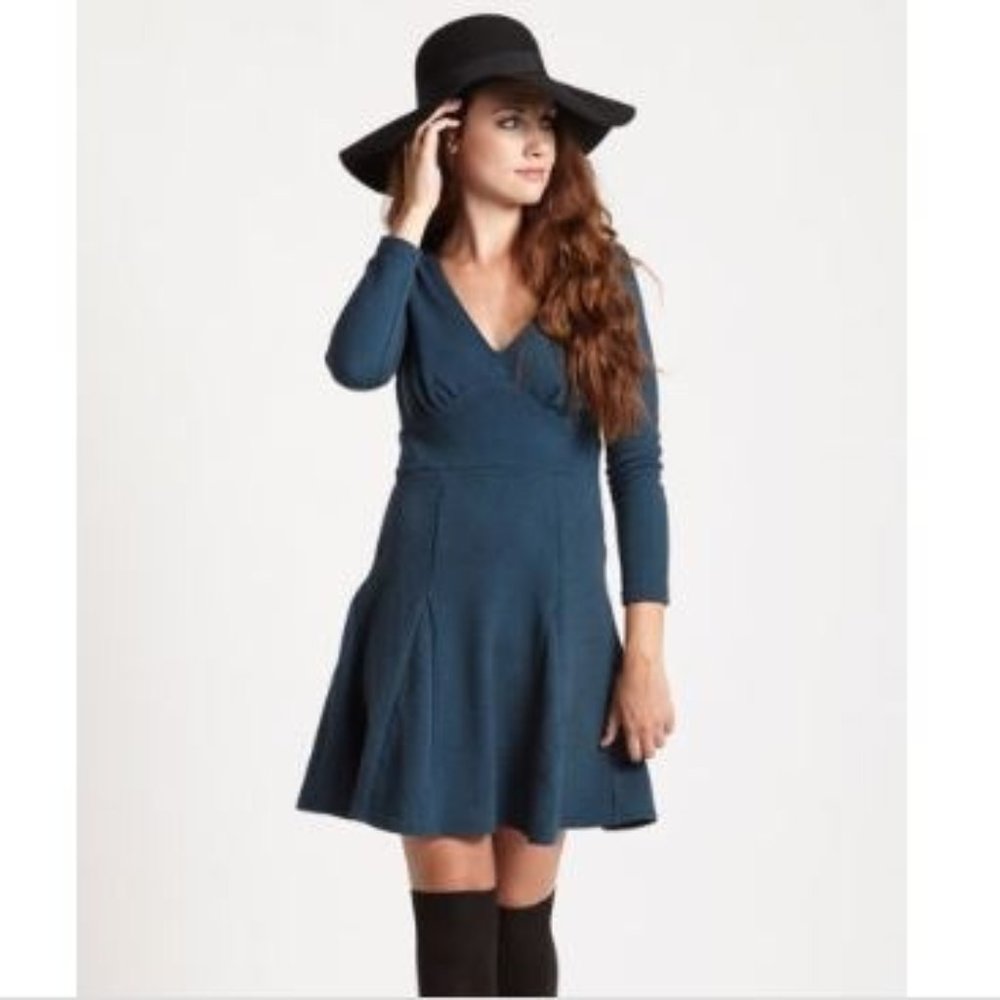 FREE PEOPLE Blue Fit & Flare Knit Dress 3/4 Sleeve